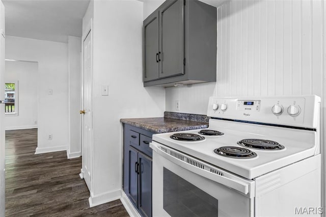 209 N Washington St, Desloge, MO 63601 - kitchen with electric range, gray cabinets, dark wood-type flooring, dark countertops, and baseboards