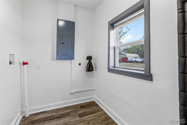 209 N Washington St, Desloge, MO 63601 - washroom with electric panel, dark wood finished floors, and baseboards