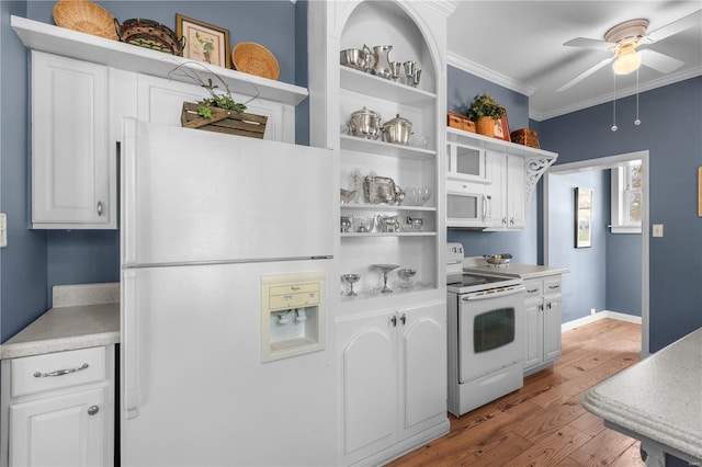 669 Park Ave, Sikeston, MO 63801 - kitchen featuring white appliances, open shelves, a ceiling fan, light wood-type flooring, and crown molding