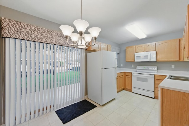 430 Benton Dr Unit C, Saint Peters, MO 63376 - kitchen featuring white appliances, light brown cabinets, a sink, a chandelier, and light countertops