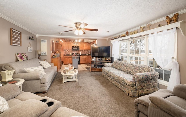 15 Allen Cir, Sunrise Beach, MO 65079 - living room featuring crown molding, ceiling fan, light colored carpet, and a textured ceiling