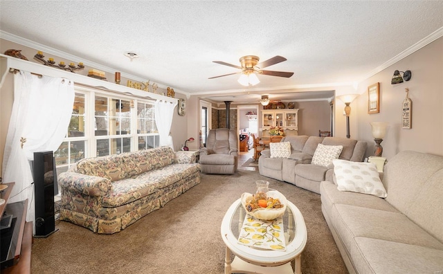 15 Allen Cir, Sunrise Beach, MO 65079 - carpeted living area with crown molding, ceiling fan, and a textured ceiling