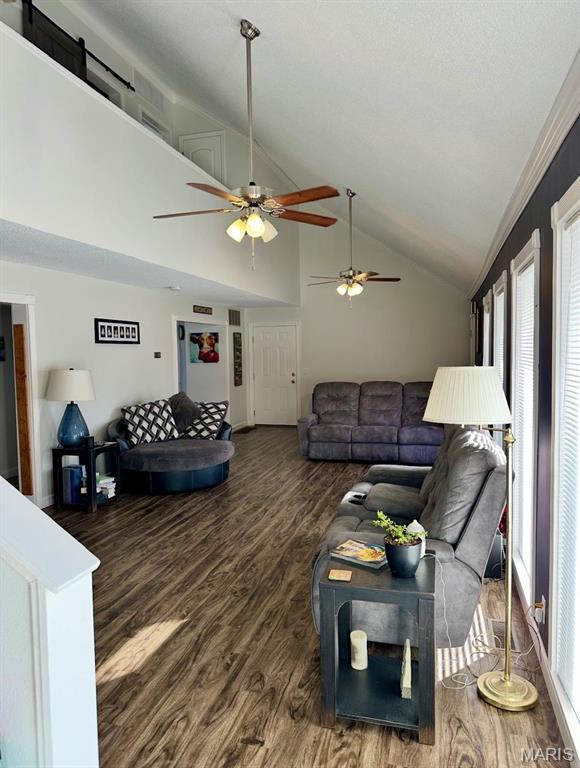 living room featuring wood finished floors, ceiling fan, healthy amount of natural light, and high vaulted ceiling