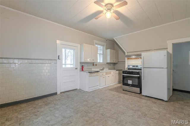 338 Horn Ave, Saint Louis, MO 63125 - kitchen with white appliances, light flooring, crown molding, ceiling fan, and white cabinetry