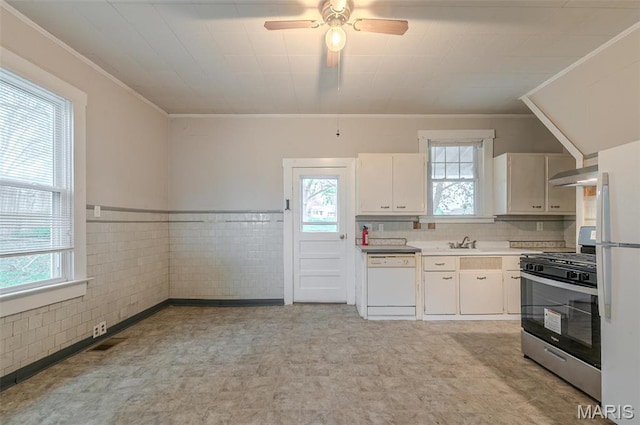338 Horn Ave, Saint Louis, MO 63125 - kitchen featuring white appliances, ornamental molding, light floors, light countertops, and a sink