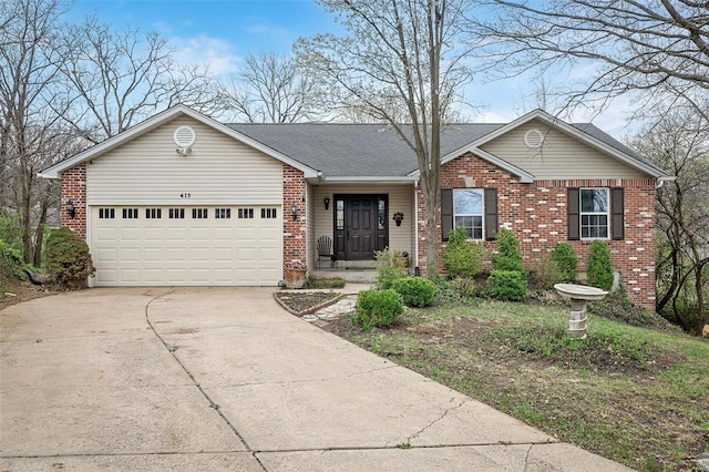 413 Oak Pl, Lake St Louis, MO 63367 - ranch-style home featuring brick siding, concrete driveway, an attached garage, and a shingled roof