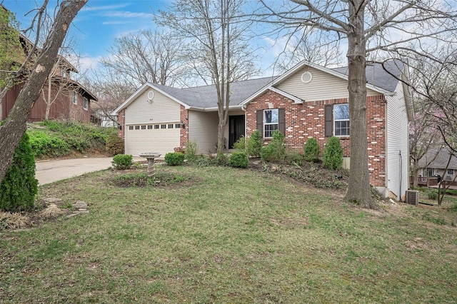 413 Oak Pl, Lake St Louis, MO 63367 - single story home featuring brick siding, an attached garage, driveway, a front lawn, and cooling unit