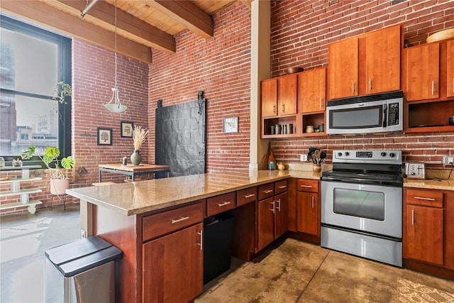 kitchen with stainless steel appliances, brick wall, a peninsula, finished concrete flooring, and open shelves