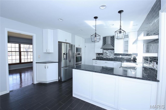 12530 Trammell Ct, Creve Coeur, MO 63141 - kitchen featuring stainless steel appliances, wall chimney range hood, open shelves, white cabinetry, and backsplash