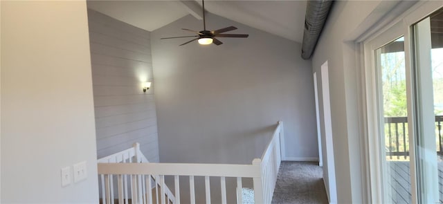 13559 Kitt Park Dr, Saint Genevieve, MO 63670 - hallway featuring an upstairs landing, carpet, wood walls, and baseboards