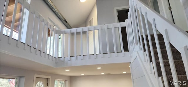 13559 Kitt Park Dr, Saint Genevieve, MO 63670 - staircase featuring a high ceiling and recessed lighting