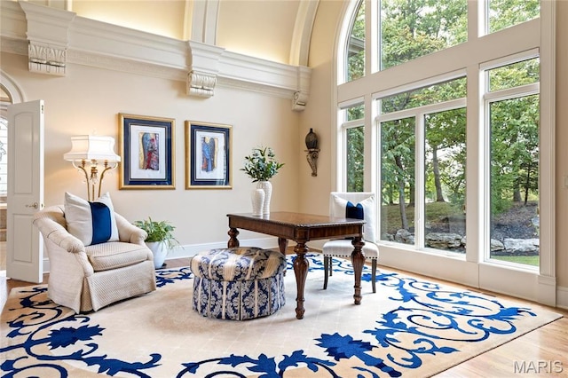 office space featuring a towering ceiling, crown molding, baseboards, and wood finished floors