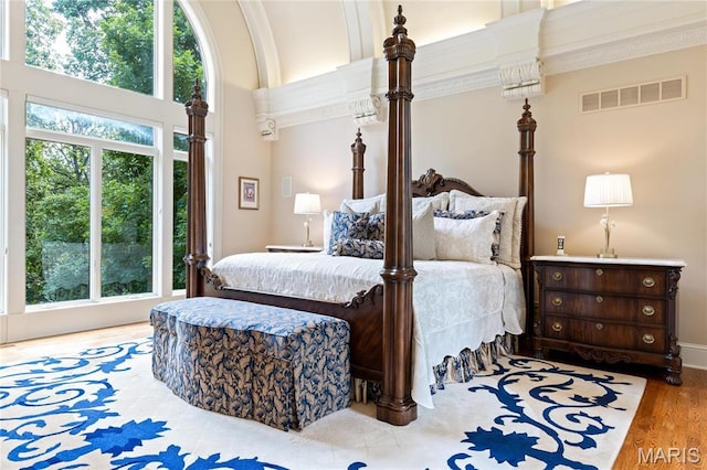 bedroom featuring wood finished floors and a towering ceiling