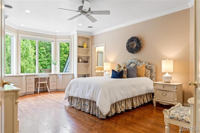 bedroom featuring crown molding, wood finished floors, recessed lighting, and ceiling fan