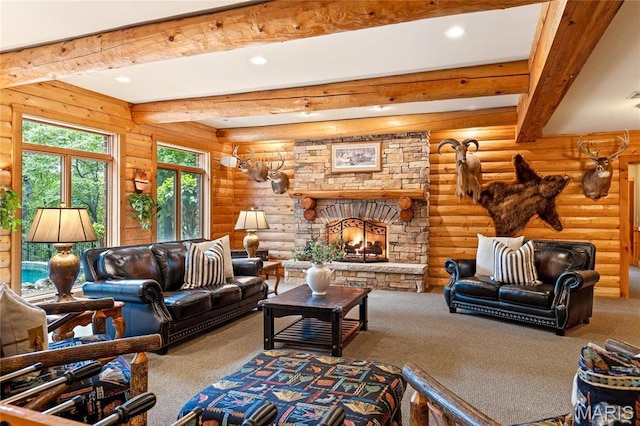 carpeted living room with log walls, beam ceiling, recessed lighting, and a fireplace