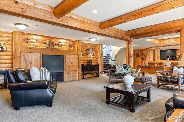 living room with carpet floors, stairway, recessed lighting, and beamed ceiling
