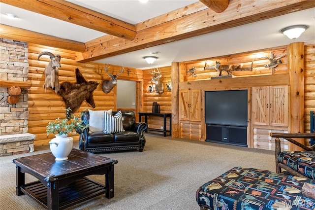 carpeted living room with rustic walls and beamed ceiling