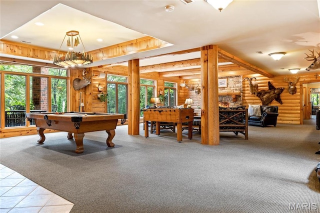 playroom featuring log walls, pool table, tile patterned floors, healthy amount of natural light, and carpet flooring