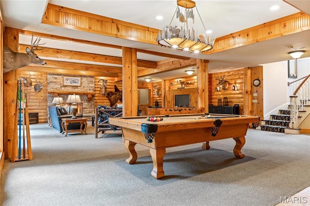 rec room with rustic walls, carpet flooring, billiards, and recessed lighting