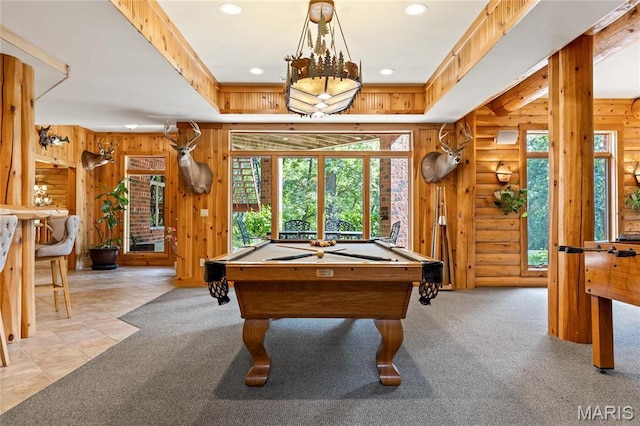 playroom with carpet flooring, billiards, recessed lighting, rustic walls, and wood walls