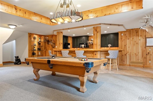 recreation room featuring light carpet, wooden walls, billiards, recessed lighting, and baseboards