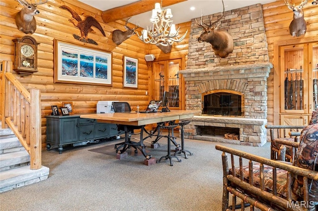 carpeted office space featuring rustic walls, a chandelier, beam ceiling, recessed lighting, and a stone fireplace