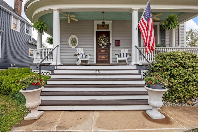 property entrance featuring a porch and ceiling fan