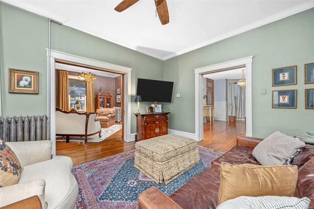 living room featuring radiator, a chandelier, wood finished floors, ornamental molding, and a ceiling fan