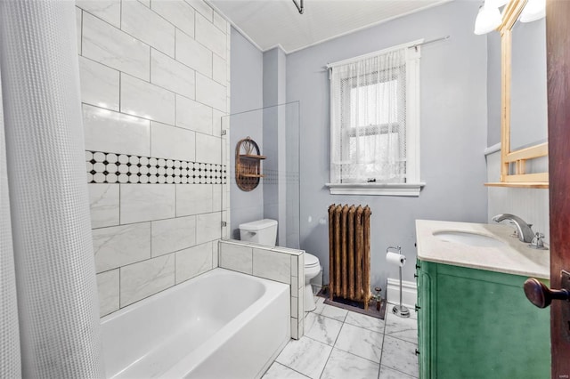 bathroom featuring radiator heating unit, marble look tile flooring, toilet, vanity, and shower / bath combination with curtain