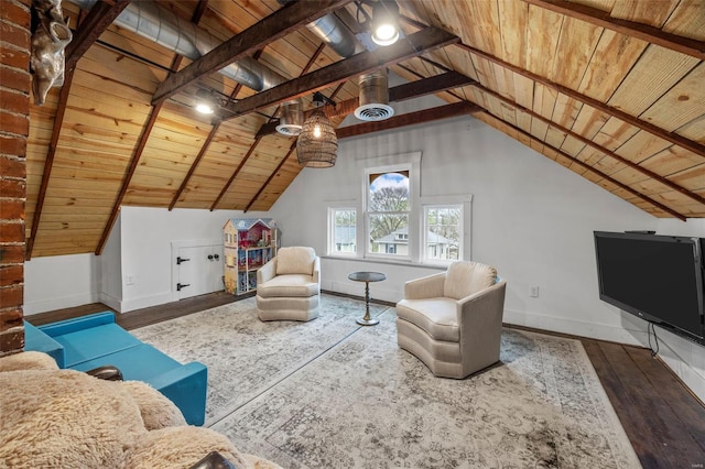 living area featuring wooden ceiling, wood finished floors, and baseboards