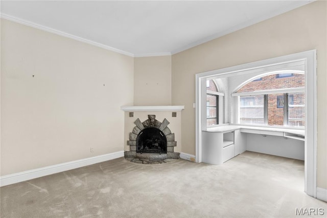 46 Broadview Dr, Clayton, MO 63105 - unfurnished living room featuring light carpet, ornamental molding, a fireplace, and a desk