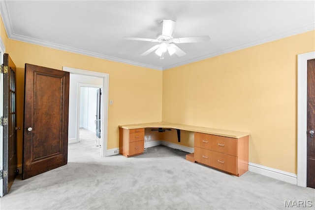 46 Broadview Dr, Clayton, MO 63105 - unfurnished office featuring light colored carpet, ornamental molding, and a ceiling fan