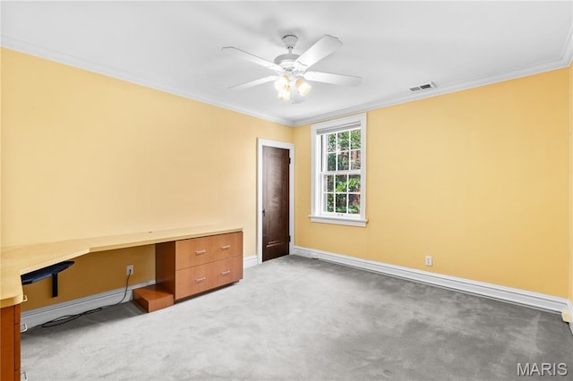 46 Broadview Dr, Clayton, MO 63105 - unfurnished bedroom featuring carpet flooring, crown molding, built in study area, and ceiling fan