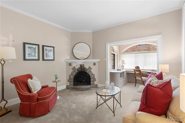 46 Broadview Dr, Clayton, MO 63105 - living room featuring ornamental molding, light colored carpet, and a fireplace