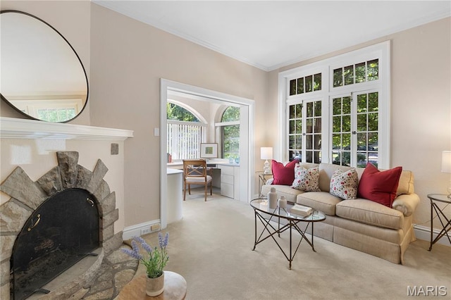 46 Broadview Dr, Clayton, MO 63105 - living room featuring carpet floors, crown molding, and a fireplace with raised hearth