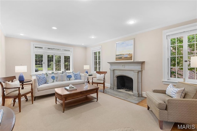 46 Broadview Dr, Clayton, MO 63105 - living area featuring ornamental molding, a fireplace with flush hearth, recessed lighting, and light wood-type flooring
