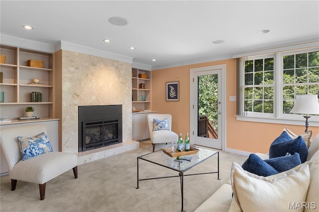 46 Broadview Dr, Clayton, MO 63105 - living room with carpet, a premium fireplace, crown molding, recessed lighting, and built in shelves