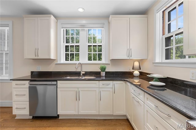 46 Broadview Dr, Clayton, MO 63105 - kitchen featuring dishwasher, plenty of natural light, white cabinets, light wood finished floors, and recessed lighting