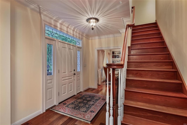 14643 Chermoore Dr, Chesterfield, MO 63017 - entrance foyer featuring stairway, wood finished floors, baseboards, and ornamental molding