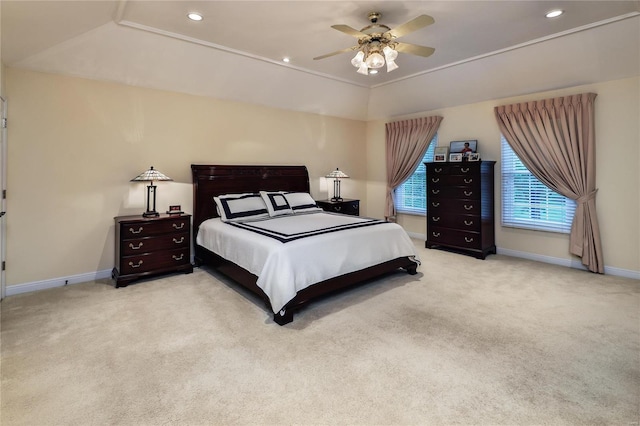 14643 Chermoore Dr, Chesterfield, MO 63017 - carpeted bedroom with baseboards, recessed lighting, ceiling fan, and vaulted ceiling