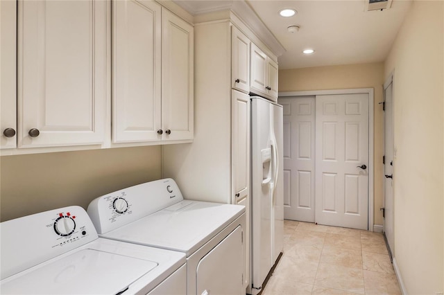 14643 Chermoore Dr, Chesterfield, MO 63017 - clothes washing area featuring separate washer and dryer, recessed lighting, cabinet space, and light tile patterned floors