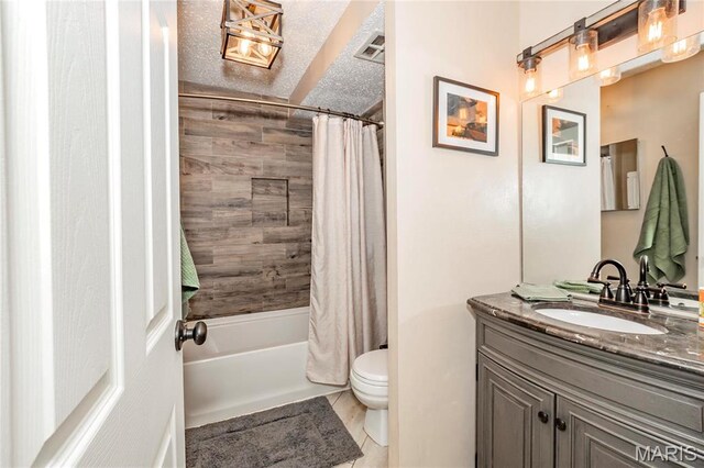 full bathroom with toilet, vanity, shower / bath combo, and tile patterned floors