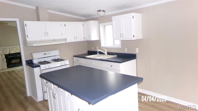 610 E Green St, Mascoutah, IL 62258 - kitchen featuring a sink, under cabinet range hood, dark countertops, light wood-type flooring, and a textured ceiling