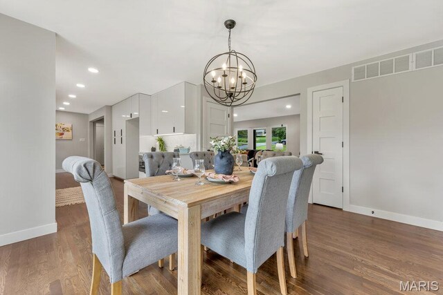 6 Cedar Crst, Saint Louis, MO 63132 - dining room with a chandelier, baseboards, wood finished floors, and recessed lighting