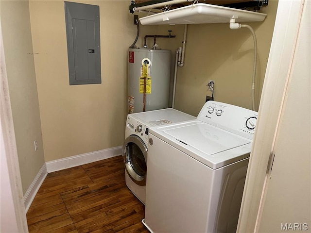 washroom featuring gas water heater, electric panel, separate washer and dryer, dark wood-style floors, and baseboards