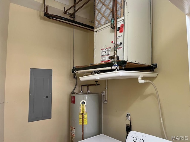 utility room with gas water heater and electric panel