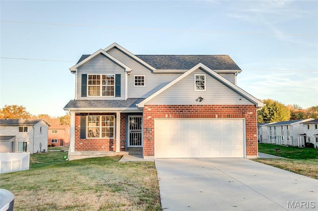 traditional home with concrete driveway, brick siding, and a front lawn