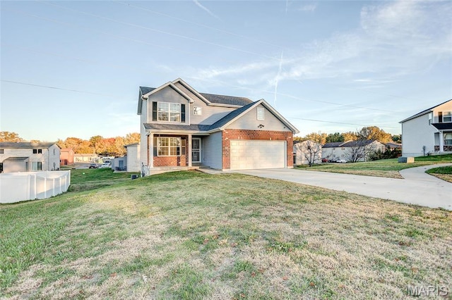 traditional home with brick siding, concrete driveway, an attached garage, a porch, and a front lawn