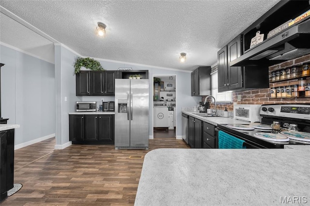 29 Pine Ln, Cedar Hill, MO 63016 - kitchen featuring appliances with stainless steel finishes, a sink, under cabinet range hood, dark cabinetry, and light countertops