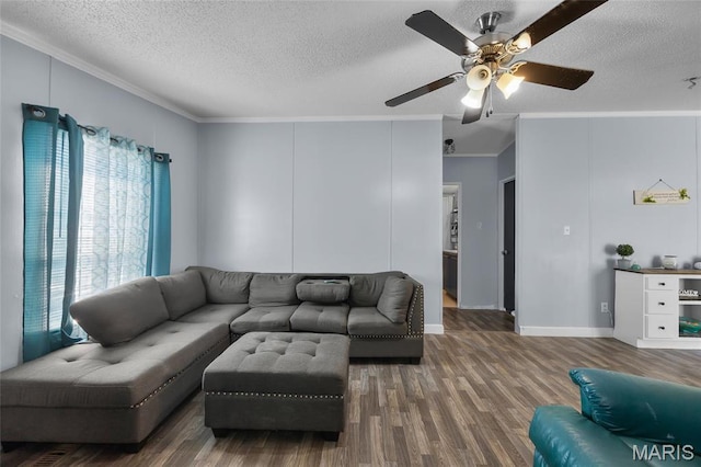 29 Pine Ln, Cedar Hill, MO 63016 - living room featuring crown molding, wood finished floors, a ceiling fan, a textured ceiling, and baseboards